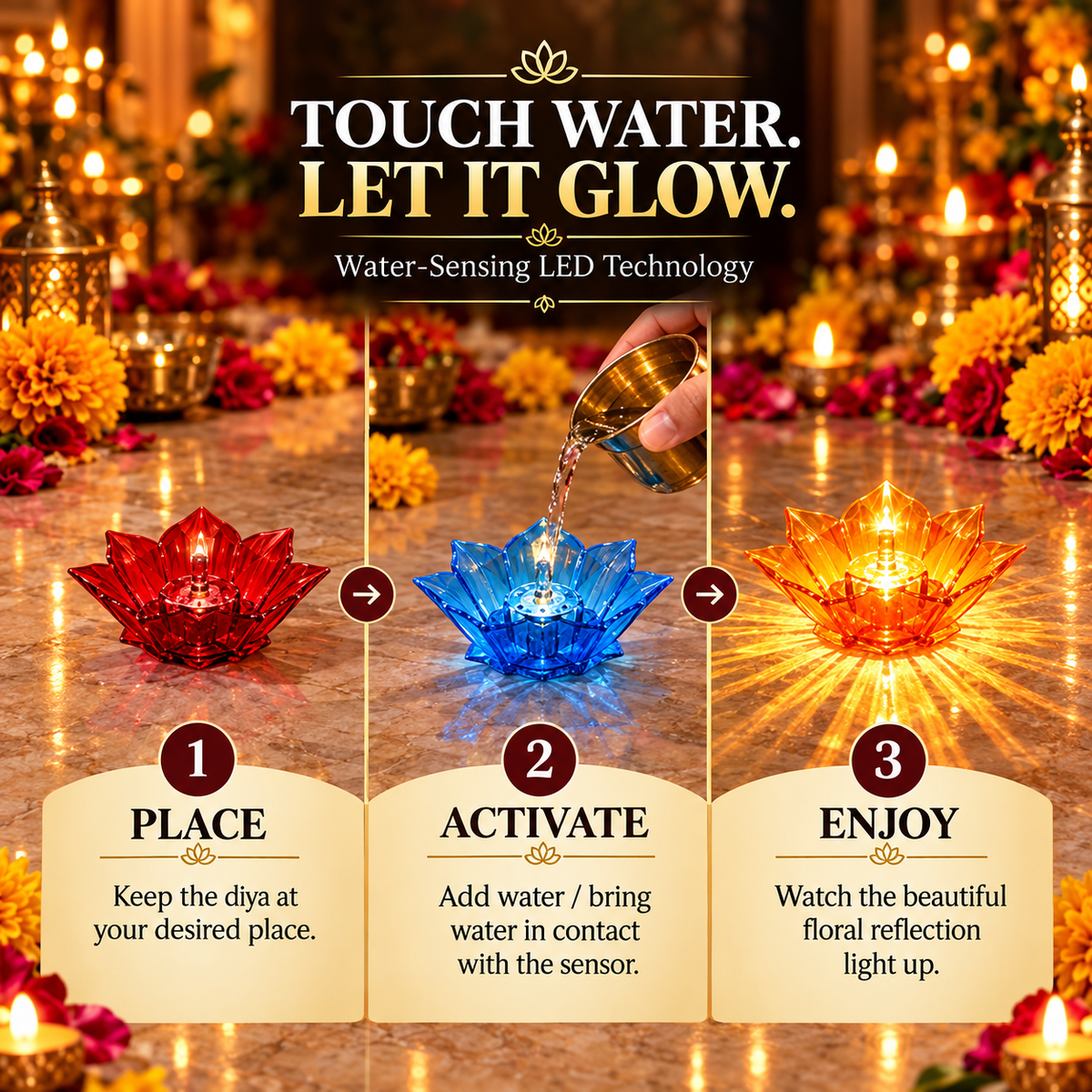 🔥 Diwali Special 3D Lotus Water Sensor Diya – Pack of 12 🪔✨